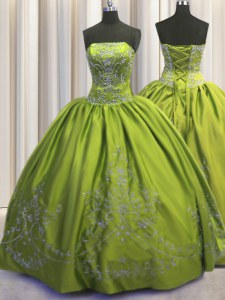Simple Olive Green Strapless Neckline Beading and Embroidery Sweet 16 Quinceanera Dress Sleeveless Lace Up