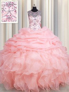 See Through Scoop Sleeveless Organza 15th Birthday Dress Beading and Ruffles and Pick Ups Lace Up