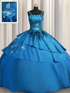 Embroidery Ball Gowns Quinceanera Gown Teal Spaghetti Straps Satin Sleeveless Floor Length Lace Up