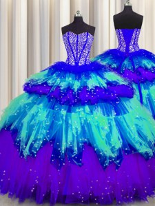 Bling-bling Visible Boning Multi-color Ball Gowns Beading and Ruffles and Ruffled Layers and Sequins Quince Ball Gowns Lace Up Tulle Sleeveless Floor Length