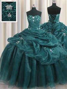 Teal Ball Gowns Organza Sweetheart Sleeveless Beading and Appliques and Ruffles Floor Length Lace Up 15th Birthday Dress