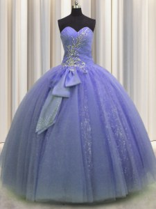 Sequins Bowknot Floor Length Ball Gowns Sleeveless Lavender Quince Ball Gowns Lace Up