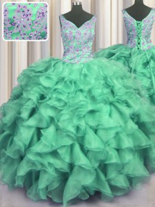 Luxury V Neck Turquoise Ball Gowns Beading and Ruffles 15 Quinceanera Dress Lace Up Organza Sleeveless Floor Length