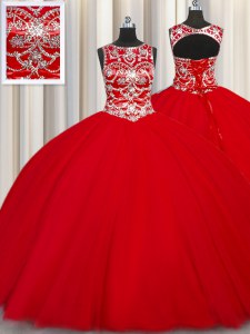 Gorgeous Scoop Sleeveless Floor Length Beading Lace Up Quinceanera Gown with Red