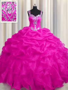 See Through Zipper Up Hot Pink Ball Gowns Appliques and Ruffles and Ruffled Layers Ball Gown Prom Dress Zipper Organza Sleeveless Floor Length