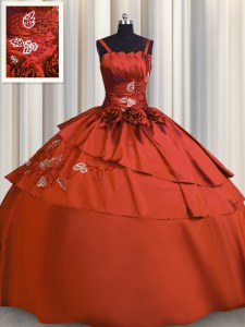 Nice Rust Red Vestidos de Quinceanera Military Ball and Sweet 16 and Quinceanera and For with Beading and Embroidery Spaghetti Straps Sleeveless Lace Up