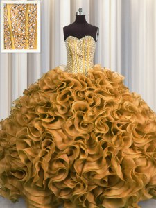 Inexpensive Visible Boning Gold Organza Lace Up Sweetheart Sleeveless Floor Length Quince Ball Gowns Beading and Ruffles