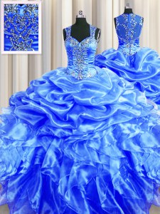 Beauteous Zipper Up See Through Back Floor Length Zipper Quince Ball Gowns Blue for Military Ball and Sweet 16 and Quinceanera with Beading and Ruffles and Pick Ups