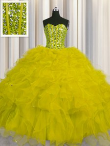 Visible Boning Yellow Tulle Lace Up Sweetheart Sleeveless Floor Length Quinceanera Gowns Beading and Ruffles and Sequins