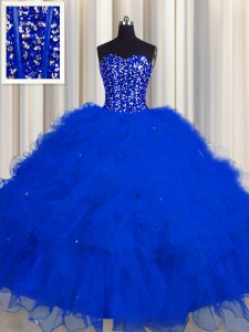 Gorgeous Visible Boning Ball Gowns Quinceanera Gown Royal Blue Sweetheart Tulle Sleeveless Floor Length Lace Up