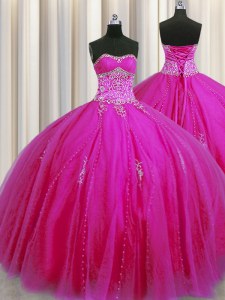 Really Puffy Sleeveless Floor Length Beading and Appliques Lace Up Sweet 16 Quinceanera Dress with Fuchsia