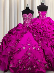 Sequins Floor Length Lace Up Sweet 16 Quinceanera Dress Fuchsia for Military Ball and Sweet 16 and Quinceanera with Beading and Embroidery and Ruffles