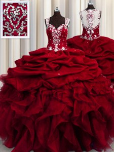 Latest See Through Beading and Ruffles and Sequins Quinceanera Gowns Wine Red Zipper Sleeveless Floor Length