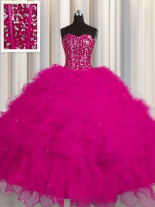 Visible Boning Floor Length Fuchsia Sweet 16 Dresses Tulle Sleeveless Beading and Ruffles and Sequins