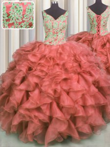 Custom Fit Coral Red V-neck Lace Up Beading and Ruffles 15 Quinceanera Dress Sleeveless