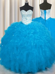 Flare Tulle Sweetheart Sleeveless Lace Up Beading and Ruffles Ball Gown Prom Dress in Baby Blue