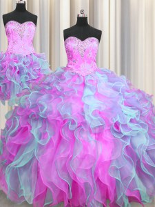 Three Piece Sleeveless Organza Lace Up Sweet 16 Dresses in Multi-color with Beading and Ruffles
