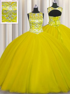 Romantic Gold Lace Up Scoop Beading Quinceanera Dress Tulle Sleeveless