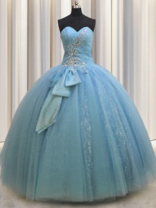 Glorious Floor Length Baby Blue Quinceanera Dress Tulle Sleeveless Beading and Sequins and Bowknot