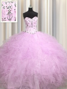 Glorious Visible Boning Lilac Tulle Lace Up Sweetheart Sleeveless Floor Length Sweet 16 Quinceanera Dress Beading and Appliques and Ruffles