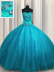 Charming Ball Gowns Sweet 16 Dress Teal Sweetheart Tulle and Sequined Sleeveless Floor Length Lace Up