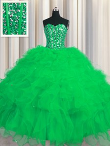 Discount Visible Boning Green Ball Gowns Sweetheart Sleeveless Tulle Floor Length Lace Up Beading and Ruffles and Sequins Quince Ball Gowns