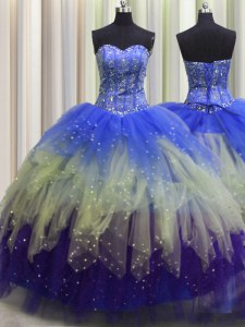 Elegant Visible Boning Multi-color Sleeveless Beading and Ruffles and Sequins Floor Length Quince Ball Gowns