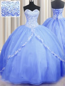 Wonderful Baby Blue Lace Up 15 Quinceanera Dress Beading and Appliques Sleeveless With Brush Train