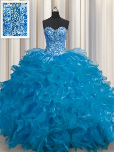 Hot Selling See Through Sweetheart Sleeveless Organza 15 Quinceanera Dress Beading and Ruffles Lace Up