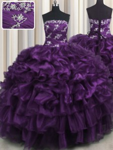 Purple Ball Gowns Appliques and Ruffles and Ruffled Layers Quinceanera Gowns Lace Up Organza Sleeveless Floor Length