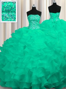 High Class Turquoise Organza Lace Up Quinceanera Gown Sleeveless Sweep Train Beading and Ruffles