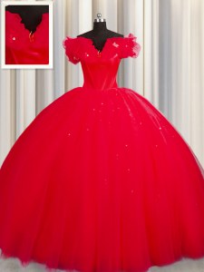 Elegant Off The Shoulder Red Tulle Lace Up Quince Ball Gowns Short Sleeves With Train Court Train Ruching