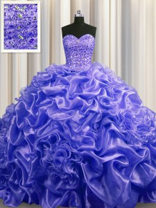 Purple Organza Lace Up Sweetheart Sleeveless With Train Quince Ball Gowns Court Train Beading and Pick Ups