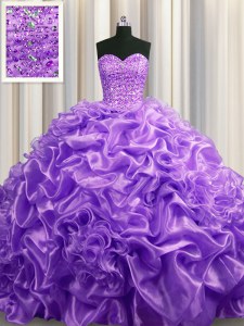 Affordable Lavender Organza Lace Up Sweet 16 Quinceanera Dress Sleeveless With Train Court Train Beading and Pick Ups