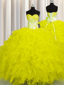 Glorious Yellow Sleeveless Organza Lace Up Quinceanera Dresses for Military Ball and Sweet 16 and Quinceanera