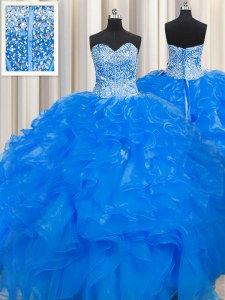 Visible Boning Beaded Bodice Blue Ball Gowns Organza Sweetheart Sleeveless Beading and Ruffles Floor Length Lace Up 15th Birthday Dress