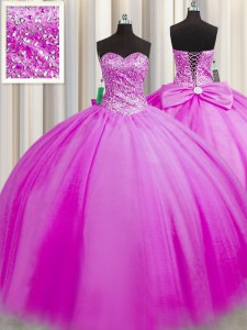 Really Puffy Sleeveless Floor Length Beading Lace Up Quinceanera Dress with Fuchsia