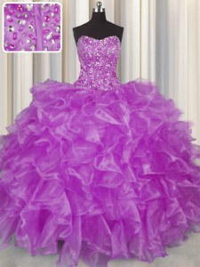 Clearance Visible Boning Strapless Sleeveless Quinceanera Gowns Floor Length Beading and Ruffles Purple Organza