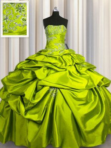 Floor Length Lace Up Quinceanera Dresses Olive Green for Military Ball and Sweet 16 and Quinceanera with Beading and Pick Ups