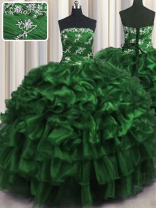 Super Dark Green Sleeveless Appliques and Ruffles and Ruffled Layers Floor Length Ball Gown Prom Dress