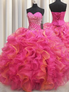 Sleeveless Floor Length Beading and Ruffles Lace Up Quinceanera Gown with Hot Pink