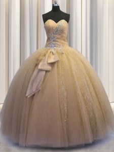 Champagne Ball Gowns Tulle and Sequined Sweetheart Sleeveless Beading and Bowknot Floor Length Lace Up Quince Ball Gowns