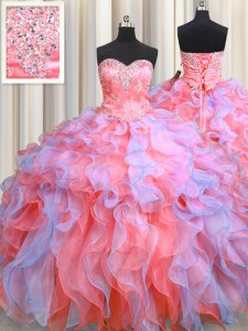 Exquisite Multi-color Sweetheart Neckline Beading and Appliques and Ruffles 15 Quinceanera Dress Sleeveless Lace Up
