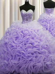 Rolling Flowers Brush Train Lavender Sleeveless Beading and Pick Ups Lace Up Ball Gown Prom Dress