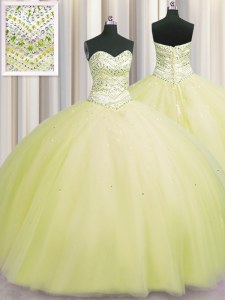 Comfortable Bling-bling Puffy Skirt Sweetheart Sleeveless Lace Up Sweet 16 Dresses Light Yellow Tulle