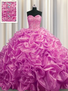 Sleeveless With Train Beading and Pick Ups Lace Up Ball Gown Prom Dress with Lilac Court Train