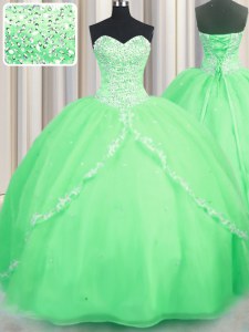 Sweetheart Lace Up Beading and Appliques Ball Gown Prom Dress Brush Train Sleeveless