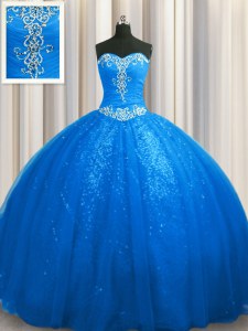 Blue Ball Gowns Tulle and Sequined Sweetheart Sleeveless Beading and Appliques With Train Lace Up Quinceanera Dresses Court Train