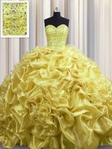 Modern Gold Sleeveless Court Train Beading and Pick Ups With Train Quinceanera Dresses