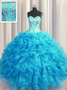 Simple Visible Boning Bling-bling Sleeveless Beading and Ruffles Lace Up Quinceanera Dresses